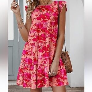 Kinrundo Floral Pink Ruffle Sleeve Dress, size Medium